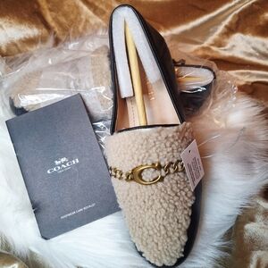 Coach Helena Black Leather Loafers with Cream Shearling and Gold Chain